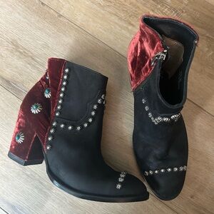 Double D Ranch Black and Red Studded western Ankle Boots